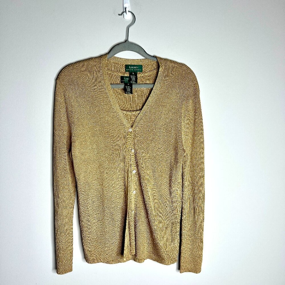 Lauren Ralph Lauren Gold Metallic Tank and Cardigan Sweater Holiday Party Sz XL